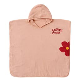 A baby hooded poncho towel in soft pink, featuring a floral design and a hood. It has a branding logo on it.