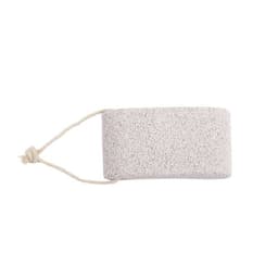 A natural lava pumice stone in a rectangular shape, featuring a light grey colour and a natural rope handle.