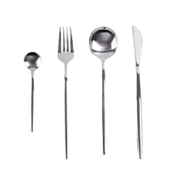 A stainless steel cutlery set featuring a spoon, fork, dessert spoon, and knife in a polished finish.