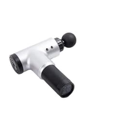 An electric fascia gun in silver and black with a round attachment and ventilation holes, featuring a logo.