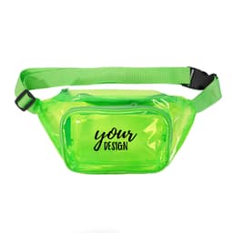 A clear, green adjustable fanny pack with a front pocket and a logo. Suitable for carrying small items.