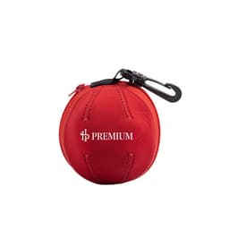 A red neoprene fruit case jacket with a zipper and a clip, featuring a logo on the surface.