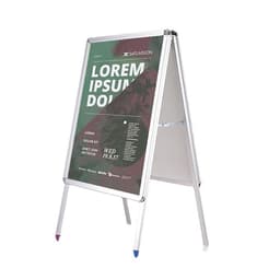 An aluminium A-frame poster display stand with a double-sided advertisement area and coloured tips on the legs.