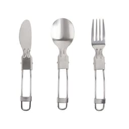 A stainless steel folding cutlery set, including a knife, spoon, and fork with sleek metallic finishes.