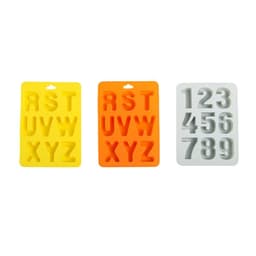Silicone ice cube molds in yellow, orange, and white, featuring alphabet and number shapes. Each has a hanging loop.