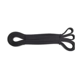 A set of custom heavy duty resistance bands in black, neatly bundled with loops at each end.