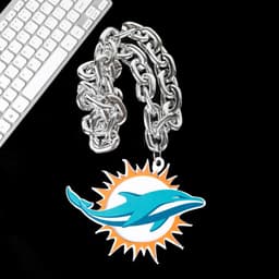 A large silver chain necklace featuring a colourful dolphin logo pendant on a black background.