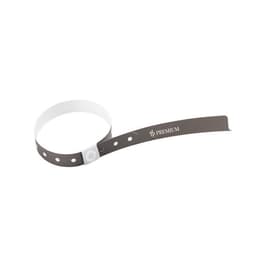 A grey personalised disposable wristband with a white locking mechanism and branding on the strap.