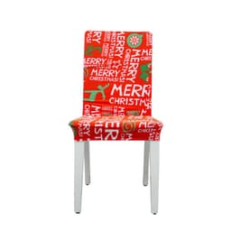 A red elastic chair cover featuring festive Christmas designs, including "Merry Christmas" and decorative motifs.