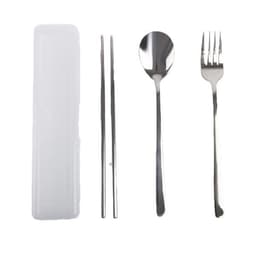 A stainless steel cutlery set in a case, including a fork, spoon, and chopsticks. The cutlery has a shiny finish.