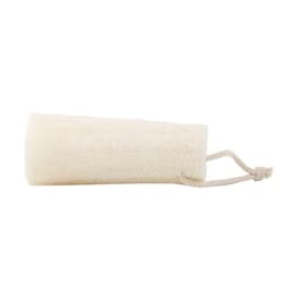 A natural loofah sponge scrubber in cream colour, featuring a rope handle for easy hanging.