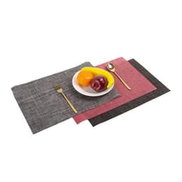 A set of PVC heat insulation anti-slip placemats in grey and red, featuring a plate of fruit and a gold fork.
