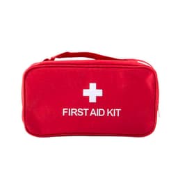 A red first aid kit featuring a white cross and a logo. Compact design with a carrying handle.