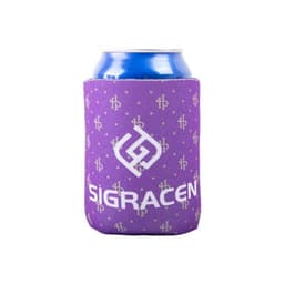 A drink bottle is nestled in a purple foam can cooler sleeve featuring a logo.
