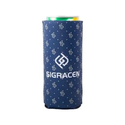 A drink bottle cooler in navy, featuring a patterned design and a logo, suitable for 12 oz cans.