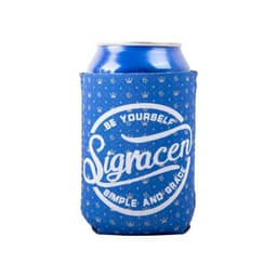 A drink bottle wrapped in a blue neoprene koozie featuring a logo and decorative pattern.