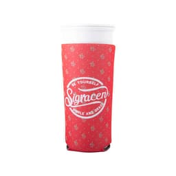 A drink bottle with a red insulated sleeve featuring a logo and decorative pattern.