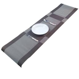 A grey and black woven placemat featuring a checkered pattern, with a plate and cutlery arranged on it.
