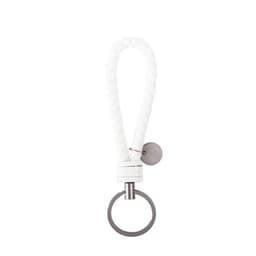 A white braided leather rope keychain with a metal ring and a small tag.