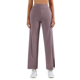 Flare wide leg yoga pants in a mauve shade, featuring slits on the sides, with a high waistband and pockets.