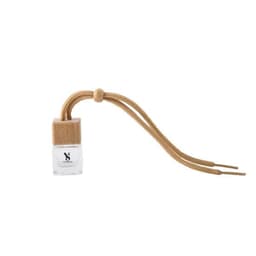 A clear glass perfume pendant with a wooden cap and beige strings, designed for car use.