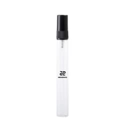 A clear 10ml perfume spray bottle with a black nozzle and a logo.