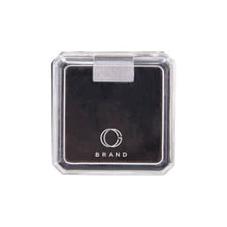 A clear plastic pin gift box with a rounded square design, featuring a logo on the front.