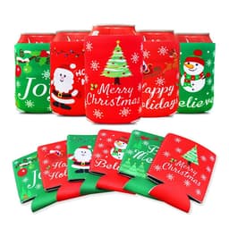 A drink bottle cooler set featuring festive designs in red and green, including Christmas themes and a logo.