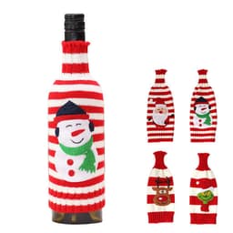 A drink bottle with a red and white knitted cover featuring a snowman, Santa, a reindeer, and a festive character.