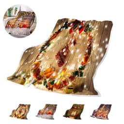 A festive digital print polyester fleece blanket featuring a decorative wreath design with lights and seasonal ornaments.