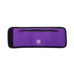 A purple neoprene wrist pouch with a zippered compartment and a logo on the front.