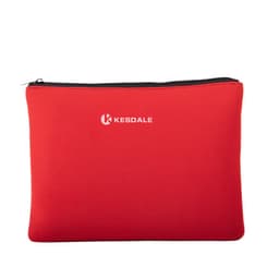 A red neoprene tablet case with a zip closure and a logo on the front.