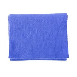 A blue embroidered knitted scarf folded neatly, featuring a logo on one corner.