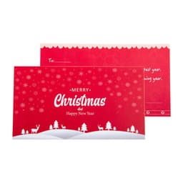 A red custom paper greeting card featuring festive designs with snowflakes, trees, and reindeer. It has a logo on the back.