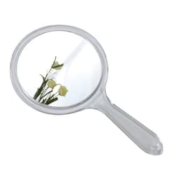 A double-sided handheld mirror with a clear frame, reflecting flowers in a simplistic design.