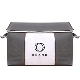A grey and white portable dustproof quilt storage bag with a prominent logo on the front and handles on the sides.
