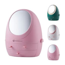 A pink LED mirror cosmetic organizer box with drawers, featuring a round mirror and available in other colours.