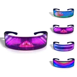 LED luminous glasses with a variety of vibrant purple, pink, and blue light patterns, featuring a logo.