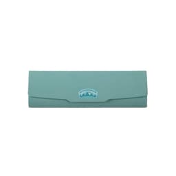 A foldable glasses case in a teal colour, featuring a logo on the front.