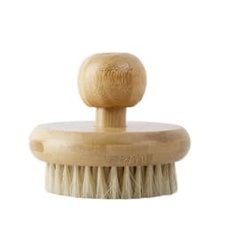 A round body brush made of bamboo with a wooden handle and natural bristles. It features a simple, eco-friendly design.