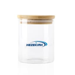 A clear glass jar with a bamboo lid, featuring a logo in blue. Suitable for various home organisation needs.