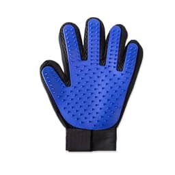 A blue and black pet grooming deshedding glove with textured grip and finger outlines. It features a branded logo.