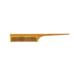 A bamboo rat tail comb in a natural wood colour featuring a thin handle and fine-toothed design.