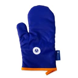 A blue cotton oven mitt with an orange trim and a logo on the front.