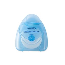 A dental floss dispenser in a blue plastic case, featuring a logo and containing 50 metres of floss.