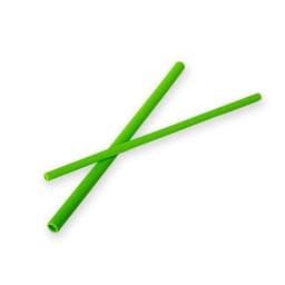 Two vibrant green silicone drinking straws are crossed over each other against a light background.