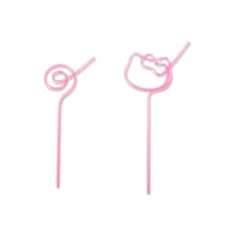 Two reusable plastic spiral straws in a vibrant pink colour, featuring unique spiral designs. The image includes a logo.