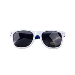 White frame sunglasses with dark lenses, featuring a glossy finish and a logo on the side.