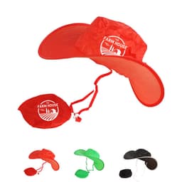 A custom nylon foldable cowboy hat in red, featuring a logo, with a wide brim and a drawstring for secure fit.