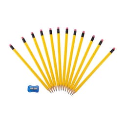 A set of 12 yellow wooden pencils with pink erasers and a sharpener.